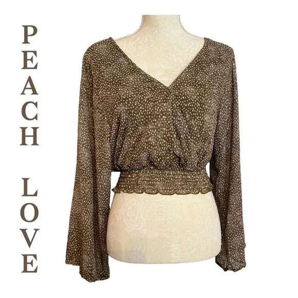 Boutique Boho Olive Green polka dot Blouse Small Peach Love California NWT - Picture 1 of 10